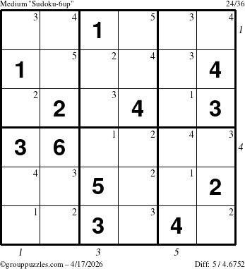 The grouppuzzles.com Medium Sudoku-6up puzzle for Friday April 17, 2026, suitable for printing, with all 5 steps marked