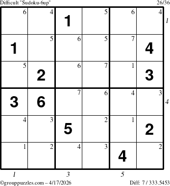 The grouppuzzles.com Difficult Sudoku-6up puzzle for Friday April 17, 2026, suitable for printing, with all 7 steps marked