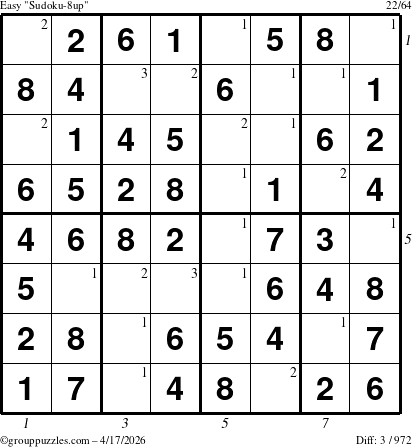 The grouppuzzles.com Easy Sudoku-8up puzzle for Friday April 17, 2026, suitable for printing, with all 3 steps marked