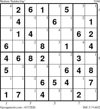 The grouppuzzles.com Medium Sudoku-8up puzzle for Friday April 17, 2026, suitable for printing, with all 5 steps marked