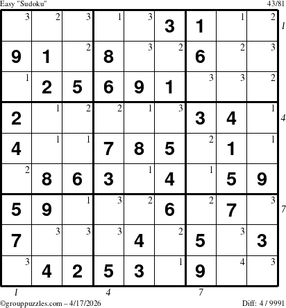 The grouppuzzles.com Easy Sudoku puzzle for Friday April 17, 2026, suitable for printing, with all 4 steps marked