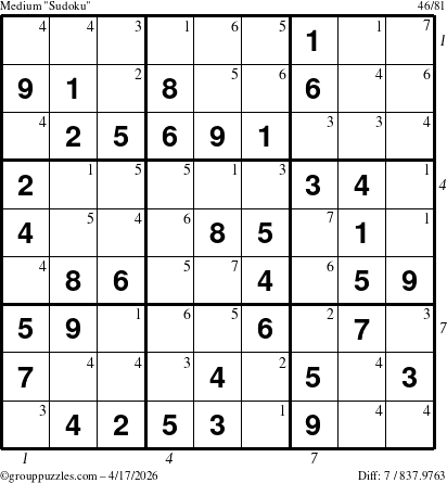 The grouppuzzles.com Medium Sudoku puzzle for Friday April 17, 2026, suitable for printing, with all 7 steps marked