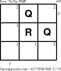 The grouppuzzles.com Easy TicTac-PQR puzzle for Friday April 17, 2026 with all 2 steps marked