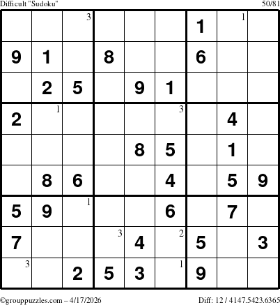 The grouppuzzles.com Difficult Sudoku puzzle for Friday April 17, 2026 with the first 3 steps marked