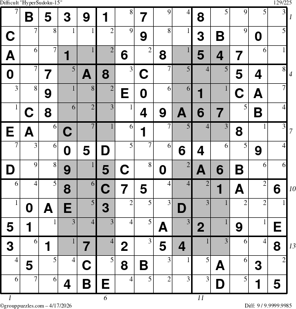The grouppuzzles.com Difficult HyperSudoku-15 puzzle for Friday April 17, 2026 with all 9 steps marked