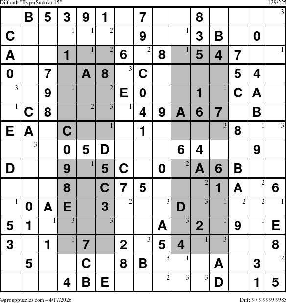 The grouppuzzles.com Difficult HyperSudoku-15 puzzle for Friday April 17, 2026 with the first 3 steps marked