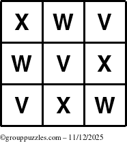 The grouppuzzles.com Answer grid for the TicTac-VWX puzzle for Wednesday November 12, 2025