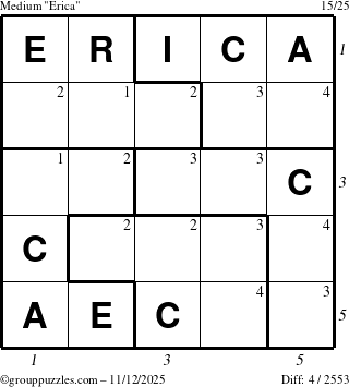 The grouppuzzles.com Medium Erica puzzle for Wednesday November 12, 2025 with all 4 steps marked