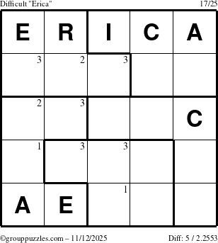 The grouppuzzles.com Difficult Erica puzzle for Wednesday November 12, 2025 with the first 3 steps marked