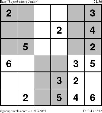 The grouppuzzles.com Easy SuperSudoku-Junior puzzle for Wednesday November 12, 2025