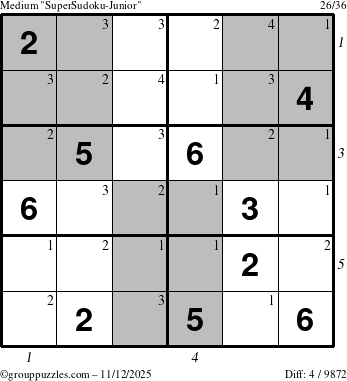 The grouppuzzles.com Medium SuperSudoku-Junior puzzle for Wednesday November 12, 2025 with all 4 steps marked