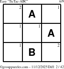 The grouppuzzles.com Easy TicTac-ABC puzzle for Wednesday November 12, 2025 with the first 2 steps marked