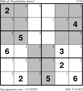 The grouppuzzles.com Difficult SuperSudoku-Junior puzzle for Wednesday November 12, 2025 with the first 3 steps marked