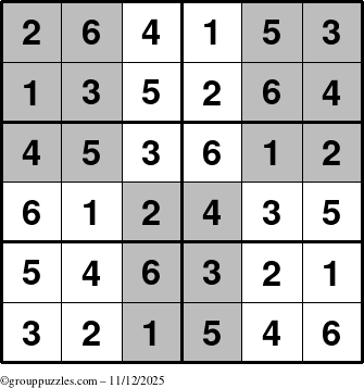 The grouppuzzles.com Answer grid for the SuperSudoku-Junior puzzle for Wednesday November 12, 2025