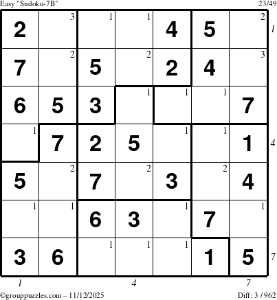 The grouppuzzles.com Easy Sudoku-7B puzzle for Wednesday November 12, 2025, suitable for printing, with all 3 steps marked