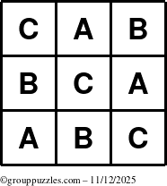The grouppuzzles.com Answer grid for the TicTac-ABC puzzle for Wednesday November 12, 2025