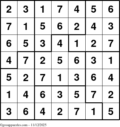 The grouppuzzles.com Answer grid for the Sudoku-7B puzzle for Wednesday November 12, 2025