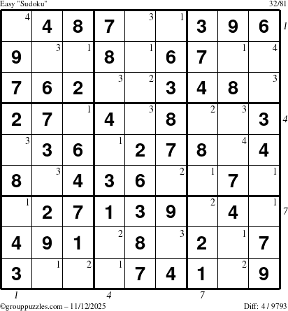 The grouppuzzles.com Easy Sudoku puzzle for Wednesday November 12, 2025, suitable for printing, with all 4 steps marked