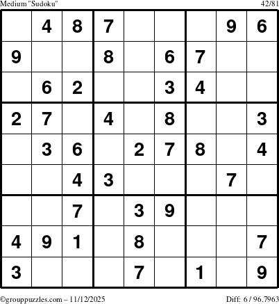 The grouppuzzles.com Medium Sudoku puzzle for Wednesday November 12, 2025