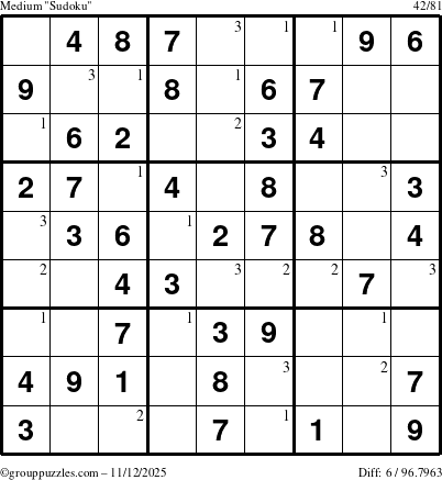The grouppuzzles.com Medium Sudoku puzzle for Wednesday November 12, 2025 with the first 3 steps marked