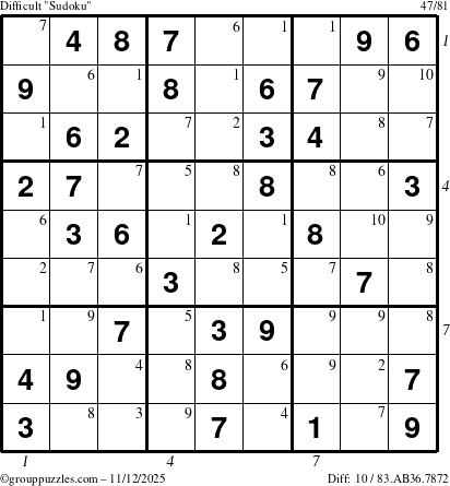 The grouppuzzles.com Difficult Sudoku puzzle for Wednesday November 12, 2025, suitable for printing, with all 10 steps marked