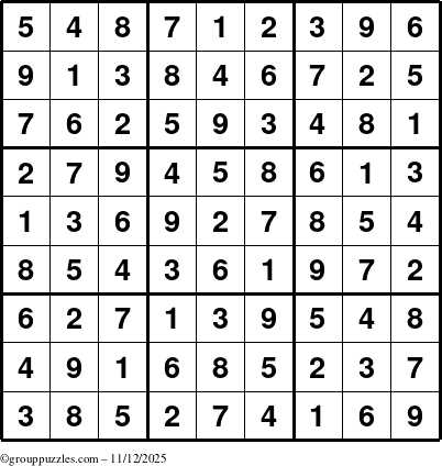 The grouppuzzles.com Answer grid for the Sudoku puzzle for Wednesday November 12, 2025