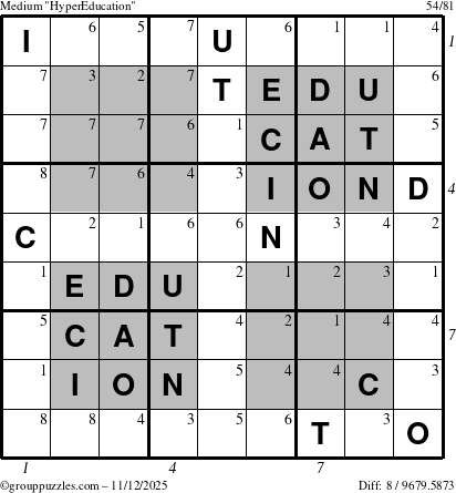 The grouppuzzles.com Medium HyperEducation-i23 puzzle for Wednesday November 12, 2025, suitable for printing, with all 8 steps marked