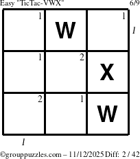 The grouppuzzles.com Easy TicTac-VWX puzzle for Wednesday November 12, 2025, suitable for printing, with all 2 steps marked
