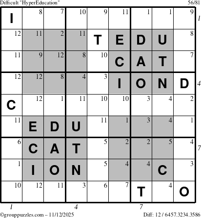 The grouppuzzles.com Difficult HyperEducation-i23 puzzle for Wednesday November 12, 2025, suitable for printing, with all 12 steps marked