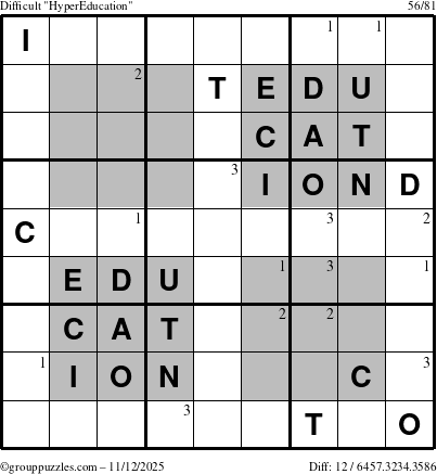 The grouppuzzles.com Difficult HyperEducation-i23 puzzle for Wednesday November 12, 2025 with the first 3 steps marked