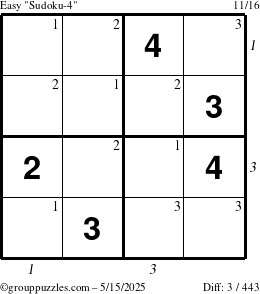 The grouppuzzles.com Easy Sudoku-4 puzzle for Thursday May 15, 2025, suitable for printing, with all 3 steps marked