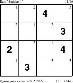 The grouppuzzles.com Easy Sudoku-4 puzzle for Thursday May 15, 2025 with the first 3 steps marked
