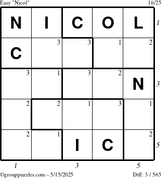 The grouppuzzles.com Easy Nicol puzzle for Thursday May 15, 2025 with all 3 steps marked
