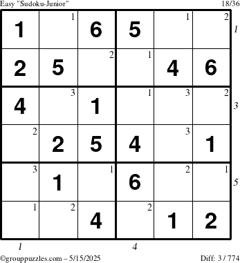 The grouppuzzles.com Easy Sudoku-Junior puzzle for Thursday May 15, 2025 with all 3 steps marked