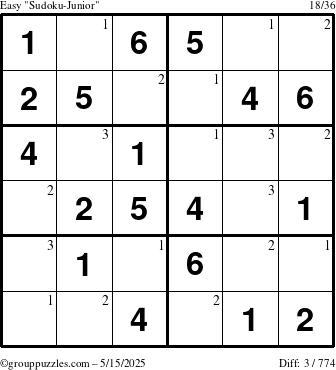 The grouppuzzles.com Easy Sudoku-Junior puzzle for Thursday May 15, 2025 with the first 3 steps marked
