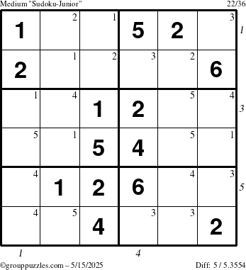 The grouppuzzles.com Medium Sudoku-Junior puzzle for Thursday May 15, 2025 with all 5 steps marked