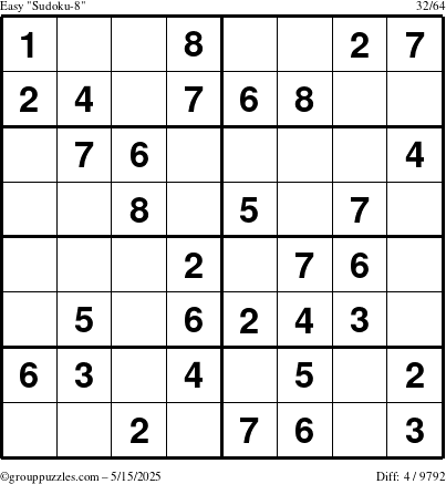 The grouppuzzles.com Easy Sudoku-8 puzzle for Thursday May 15, 2025