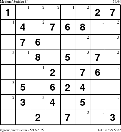 The grouppuzzles.com Medium Sudoku-8 puzzle for Thursday May 15, 2025 with the first 3 steps marked