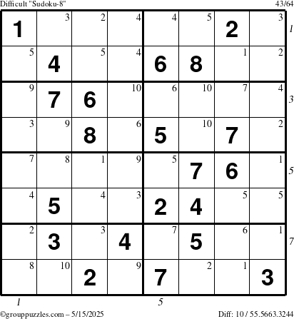 The grouppuzzles.com Difficult Sudoku-8 puzzle for Thursday May 15, 2025, suitable for printing, with all 10 steps marked