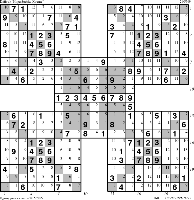 The grouppuzzles.com Difficult cover-HyperXtreme puzzle for Thursday May 15, 2025, suitable for printing, with all 13 steps marked