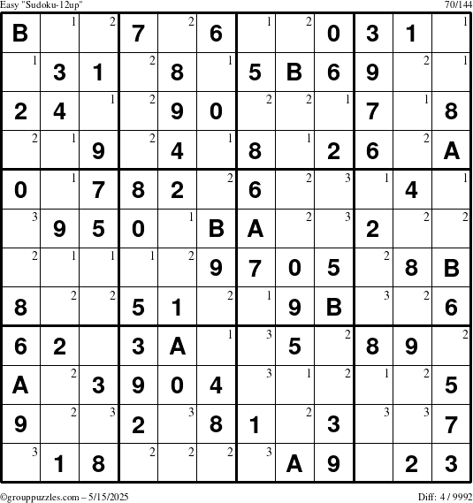 The grouppuzzles.com Easy Sudoku-12up puzzle for Thursday May 15, 2025 with the first 3 steps marked