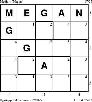 The grouppuzzles.com Medium Megan puzzle for Tuesday August 19, 2025, suitable for printing, with all 4 steps marked