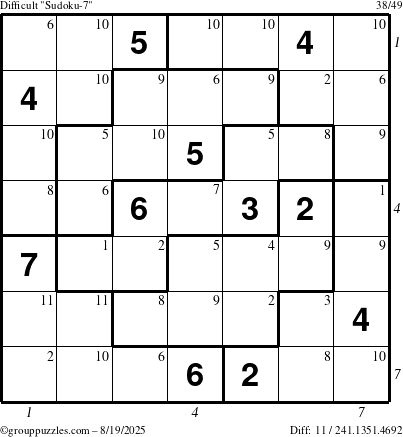 The grouppuzzles.com Difficult Sudoku-7 puzzle for Tuesday August 19, 2025, suitable for printing, with all 11 steps marked