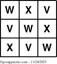 The grouppuzzles.com Answer grid for the TicTac-VWX puzzle for Wednesday November 26, 2025