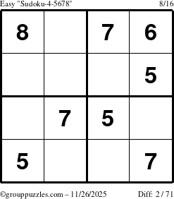 The grouppuzzles.com Easy Sudoku-4-5678 puzzle for Wednesday November 26, 2025