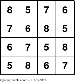 The grouppuzzles.com Answer grid for the Sudoku-4-5678 puzzle for Wednesday November 26, 2025