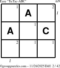 The grouppuzzles.com Easy TicTac-ABC puzzle for Wednesday November 26, 2025 with all 2 steps marked