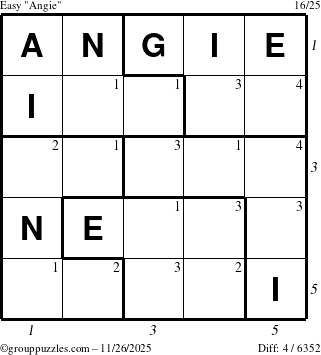 The grouppuzzles.com Easy Angie puzzle for Wednesday November 26, 2025 with all 4 steps marked
