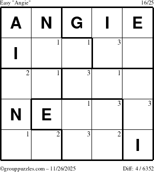 The grouppuzzles.com Easy Angie puzzle for Wednesday November 26, 2025 with the first 3 steps marked