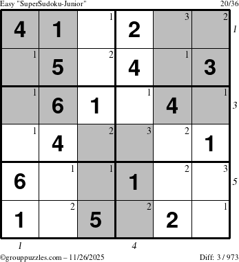 The grouppuzzles.com Easy SuperSudoku-Junior puzzle for Wednesday November 26, 2025 with all 3 steps marked